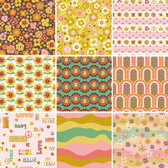 Retro 70s seamless patterns design set, vintage floral backgrounds - 490544863