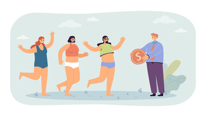 Businessman giving big gold coin to models in swimsuits. Women running towards man with money flat vector illustration. Success, wealth concept for banner, website design or landing web page