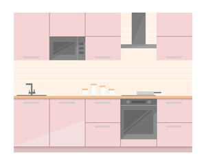 Set of kitchen furniture in modern style. Built-in microwave and wall cabinets, built-in black oven and electric hob, sink with faucet. Kitchen unit