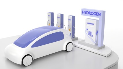 Hydrogen H2 and electric charger station with future car. Refueling service for hybrid vehicle with battery bank on fuel cell, eco friendly transport no emissions. Concept of green energy, 3d render
