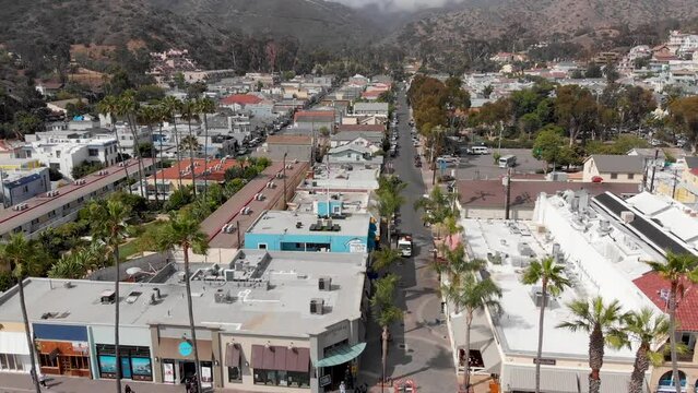 Aerial view of the city of Avalon in Santa Catalina Island. This is a popular tourist destination in Southern California, USA.