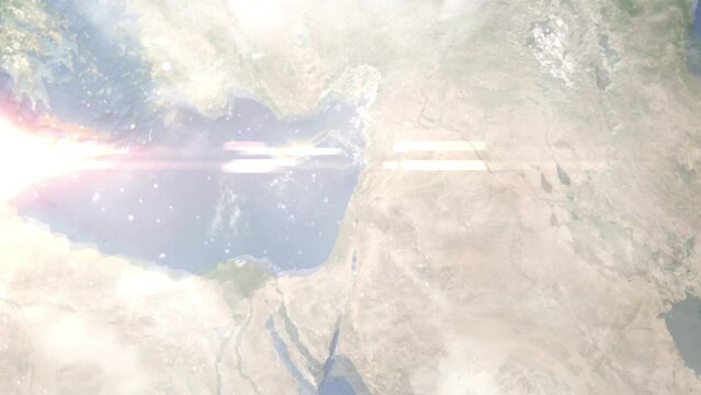 Earth zoom in from outer space to city. Zooming on Saida, Lebanon. The animation continues by zoom out through clouds and atmosphere into space. Images from NASA