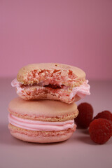close up of pink macaroons with pink buttercream and raspberries on pink background 