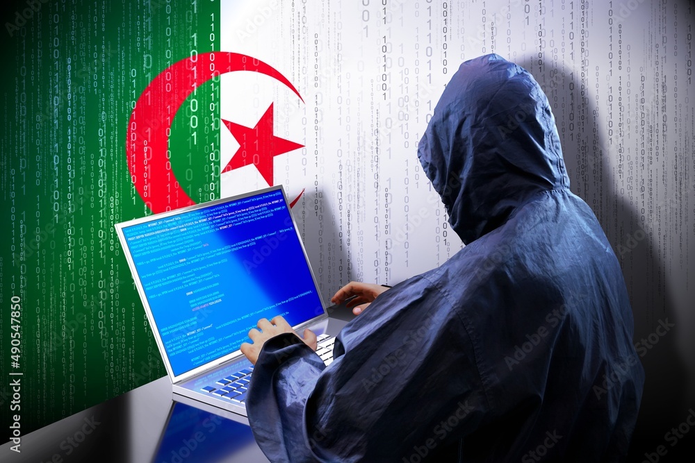 Poster anonymous hooded hacker, flag of algeria, binary code - cyber attack concept