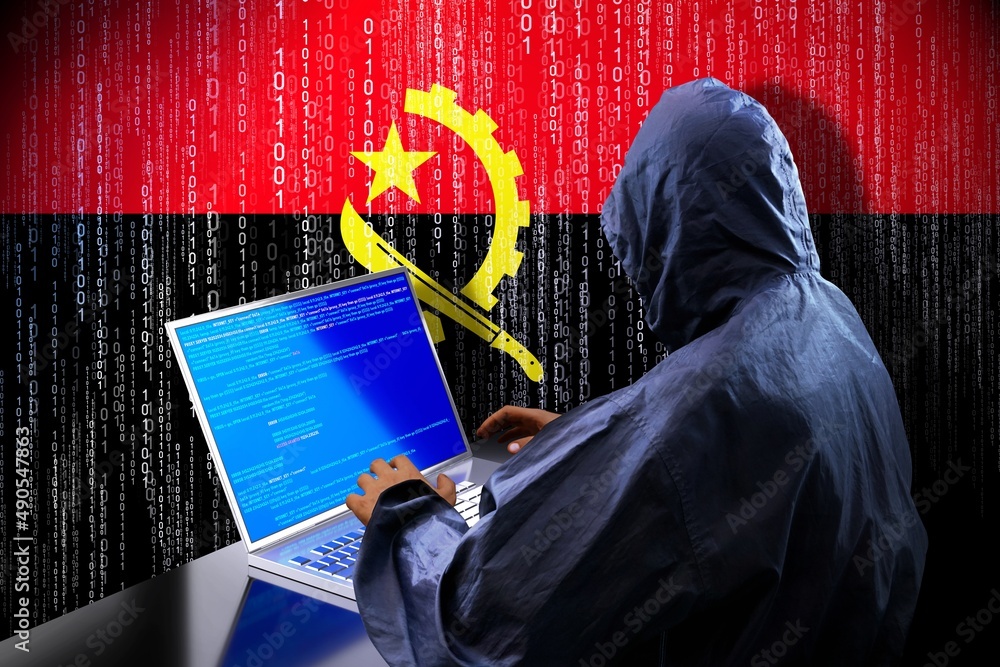 Aufkleber anonymous hooded hacker, flag of angola, binary code - cyber attack concept