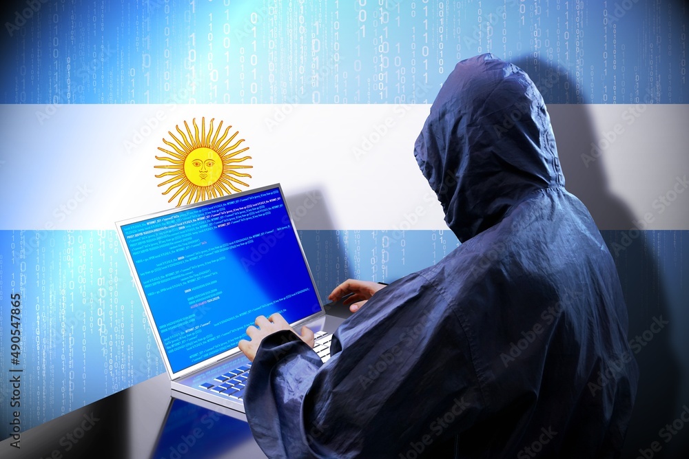 Poster anonymous hooded hacker, flag of argentina, binary code - cyber attack concept