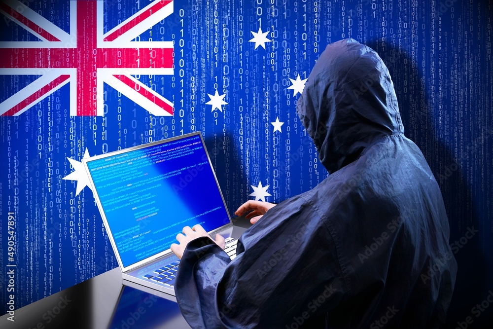 Poster anonymous hooded hacker, flag of australia, binary code - cyber attack concept
