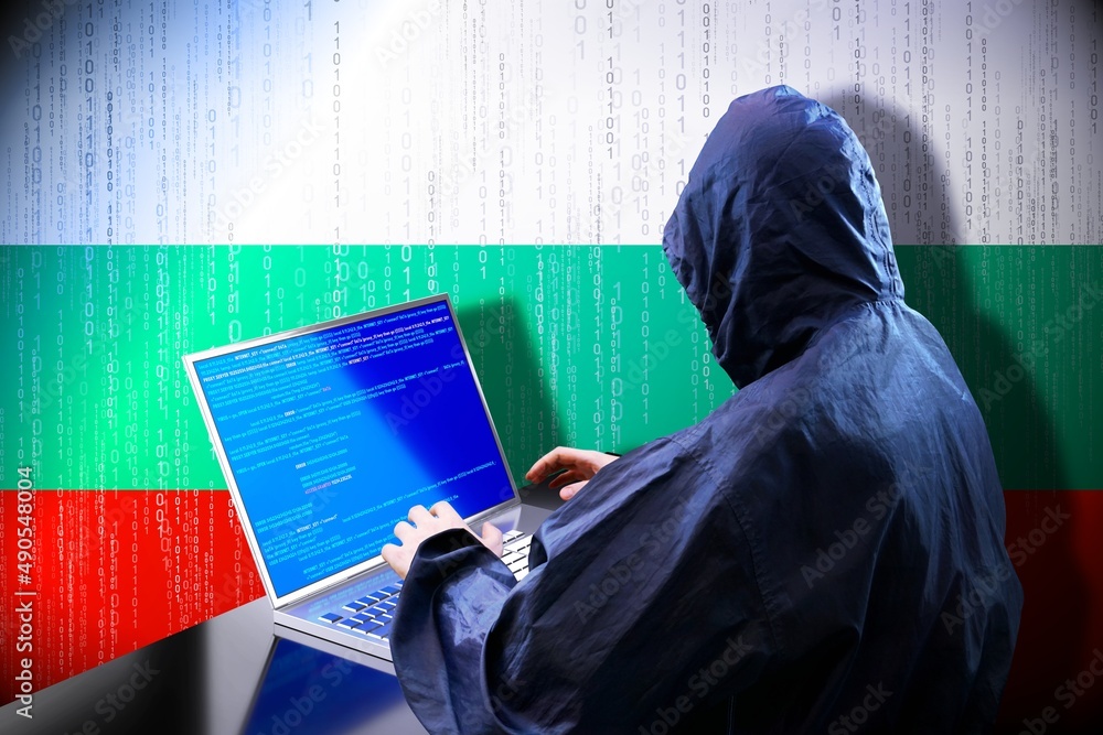 Poster anonymous hooded hacker, flag of bulgaria, binary code - cyber attack concept