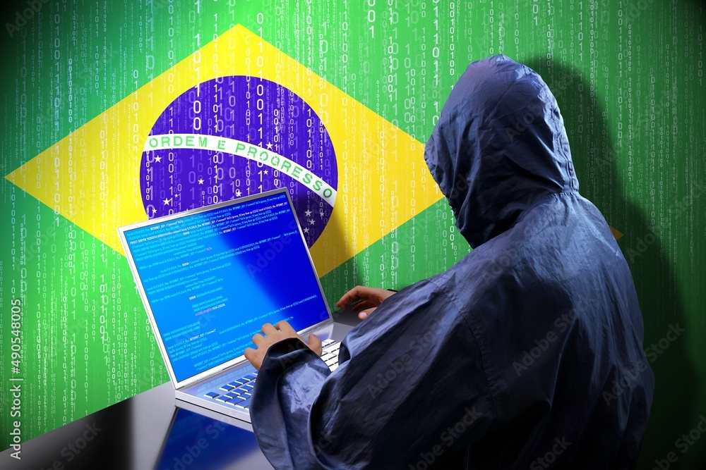 Poster anonymous hooded hacker, flag of brazil, binary code - cyber attack concept