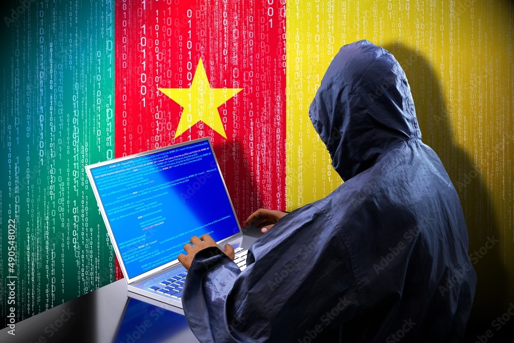 Poster anonymous hooded hacker, flag of cameroon, binary code - cyber attack concept