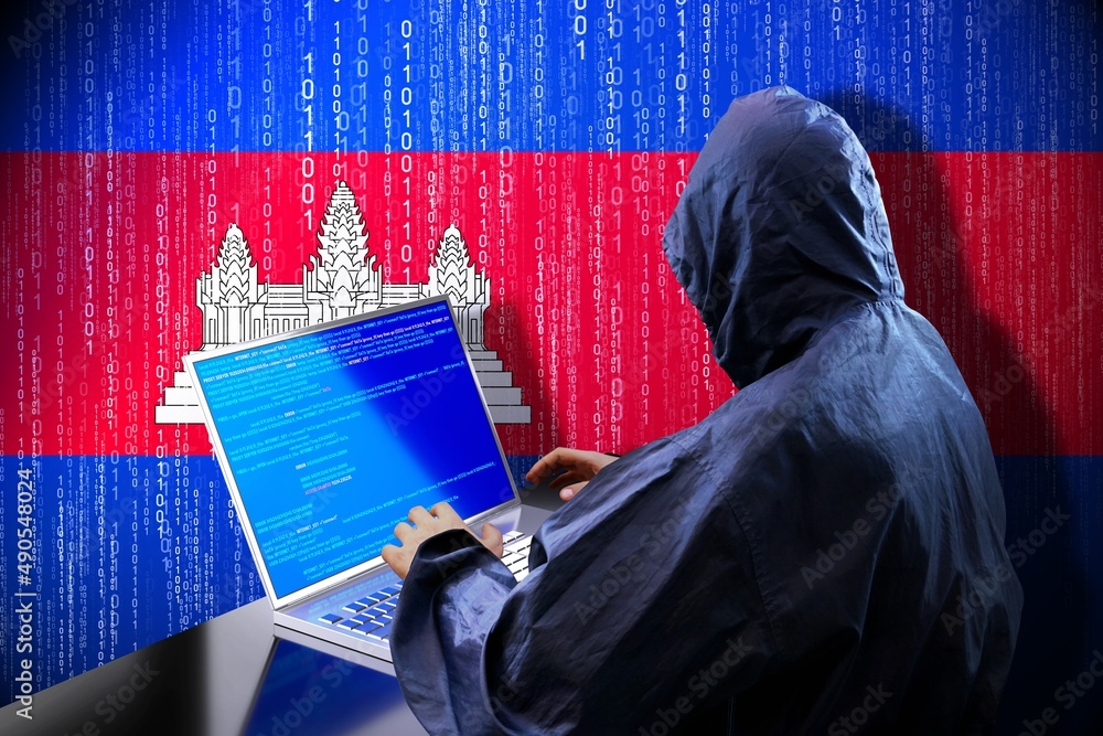 Poster anonymous hooded hacker, flag of cambodia, binary code - cyber attack concept