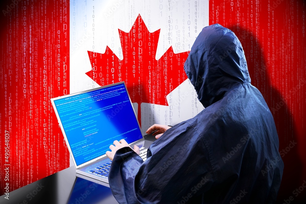 Poster anonymous hooded hacker, flag of canada, binary code - cyber attack concept