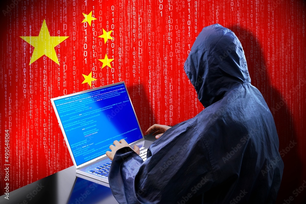 Poster anonymous hooded hacker, flag of china, binary code - cyber attack concept