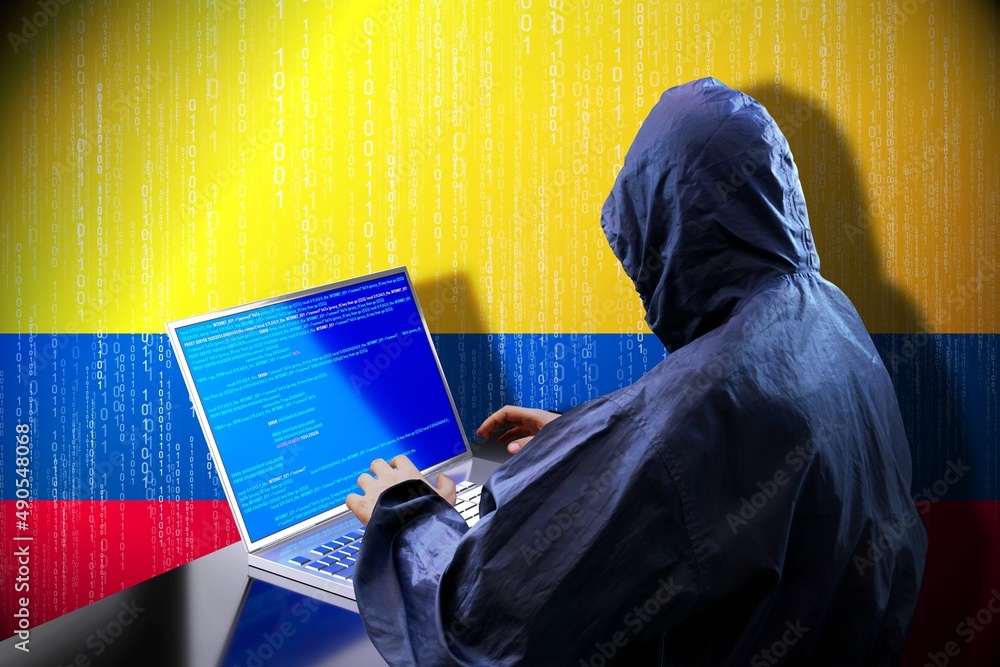 Poster anonymous hooded hacker, flag of colombia, binary code - cyber attack concept