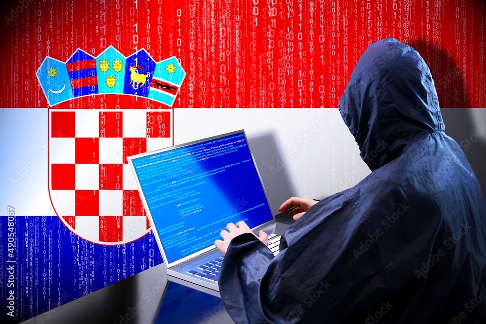 Poster anonymous hooded hacker, flag of croatia, binary code - cyber attack concept