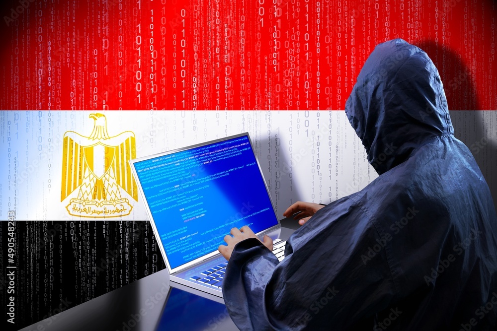 Poster anonymous hooded hacker, flag of egypt, binary code - cyber attack concept