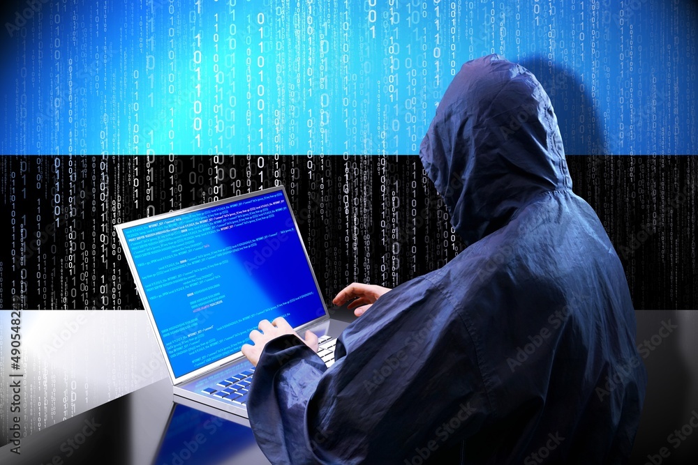Poster anonymous hooded hacker, flag of estonia, binary code - cyber attack concept