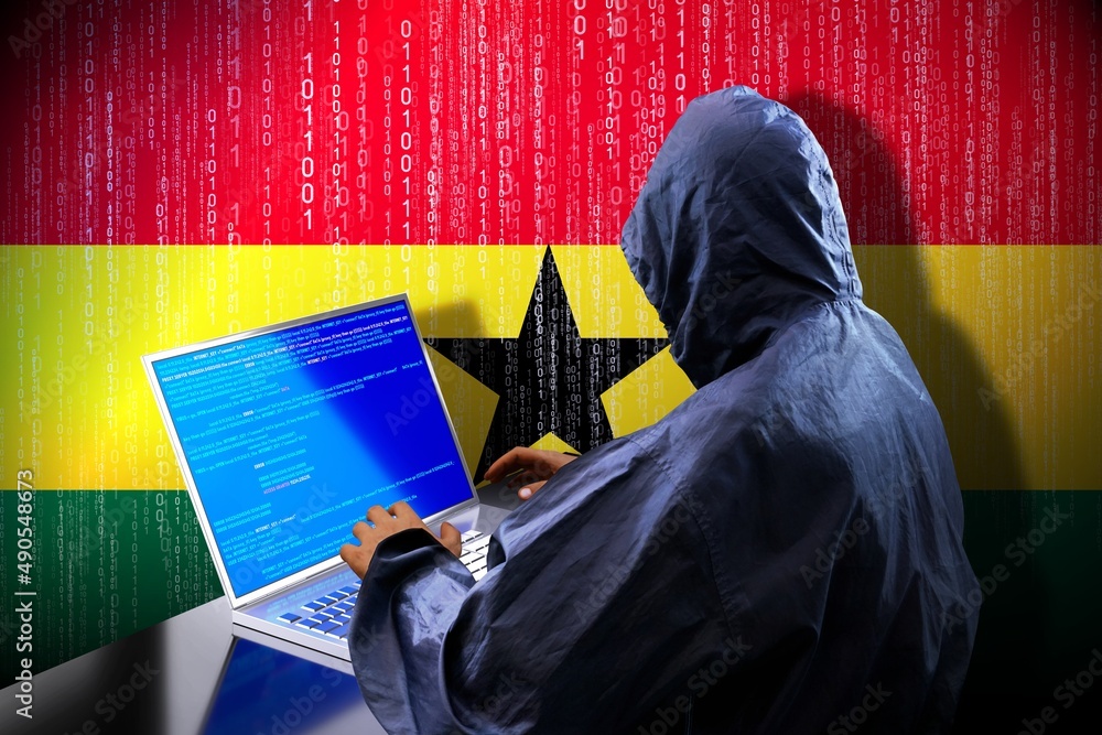 Poster anonymous hooded hacker, flag of ghana, binary code - cyber attack concept