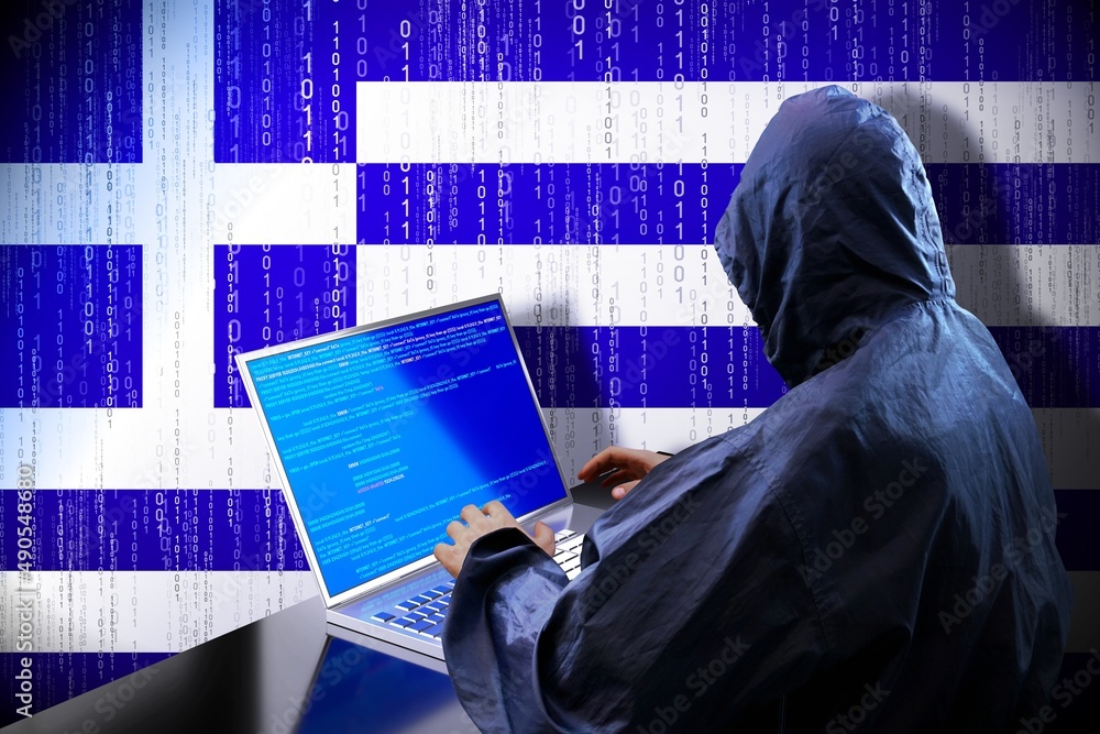 Poster anonymous hooded hacker, flag of greece, binary code - cyber attack concept