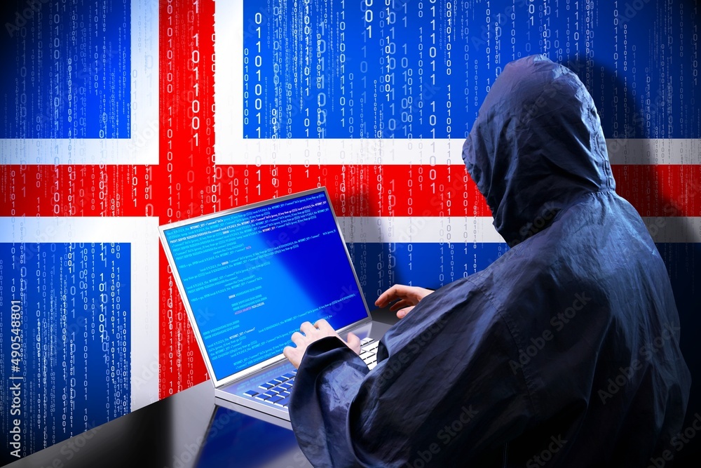 Poster anonymous hooded hacker, flag of iceland, binary code - cyber attack concept