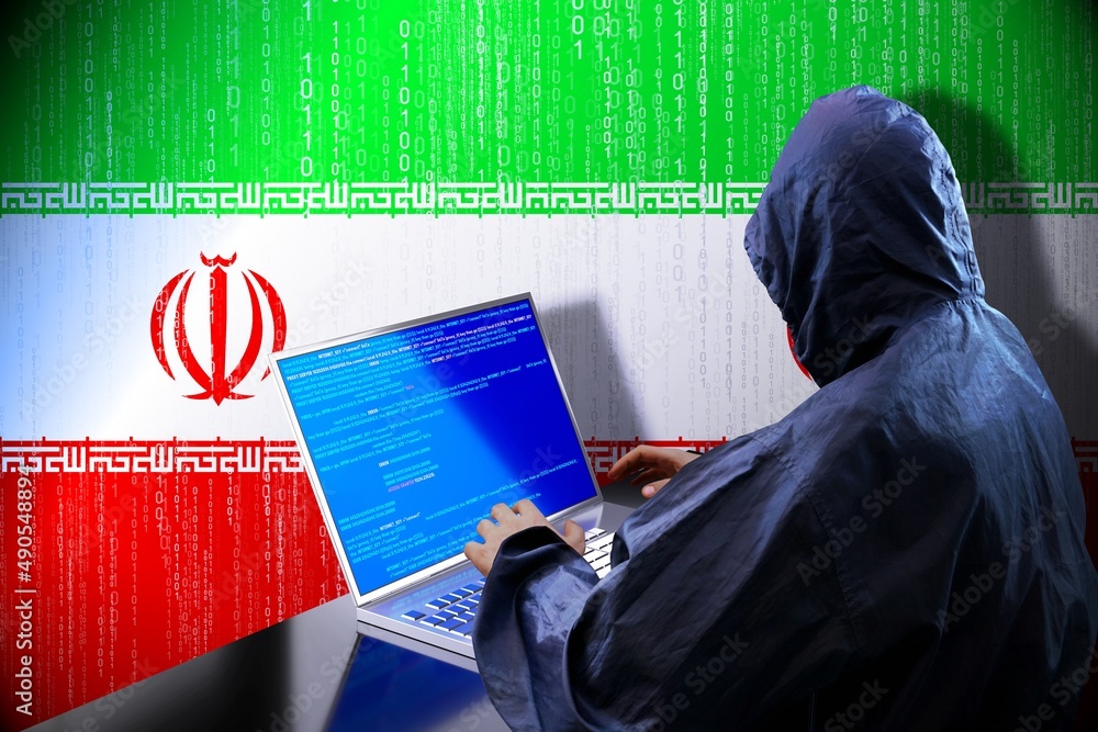 Poster anonymous hooded hacker, flag of iran, binary code - cyber attack concept