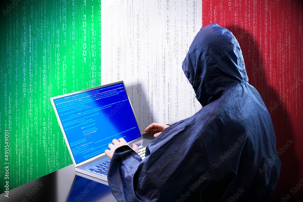 Poster anonymous hooded hacker, flag of italy, binary code - cyber attack concept