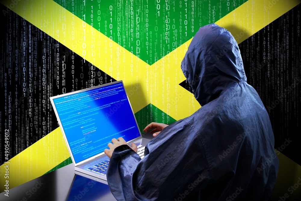 Poster anonymous hooded hacker, flag of jamaica, binary code - cyber attack concept