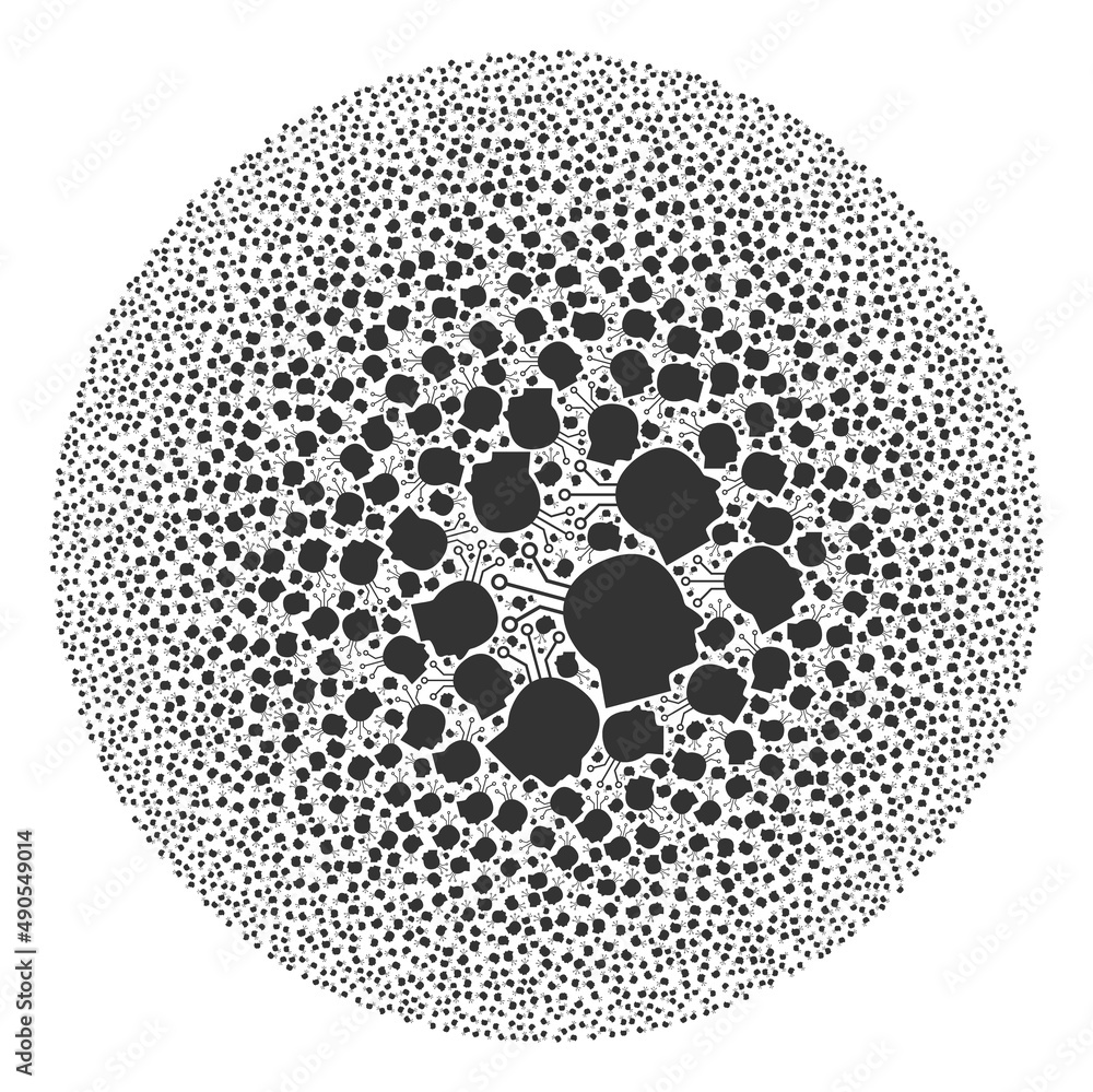 Poster brain link elements are united into sphere group. brain link icon bubble collage. abstraction spheri