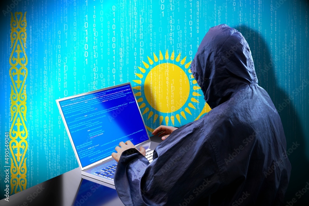 Poster anonymous hooded hacker, flag of kazakhstan, binary code - cyber attack concept