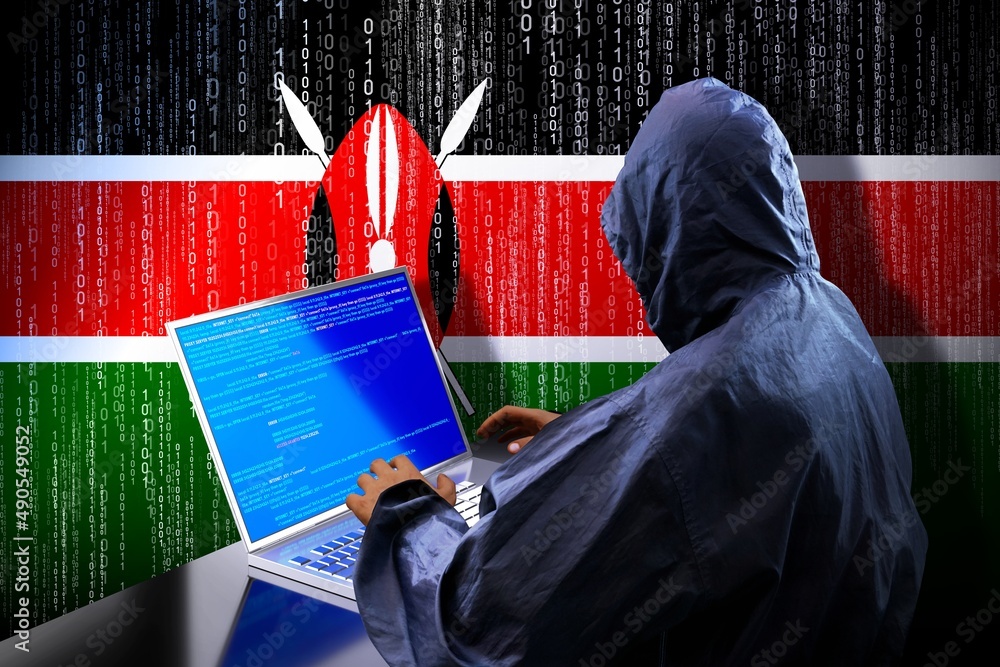Poster anonymous hooded hacker, flag of kenya, binary code - cyber attack concept
