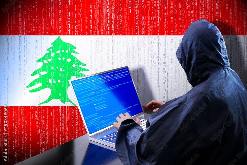 Poster anonymous hooded hacker, flag of lebanon, binary code - cyber attack concept