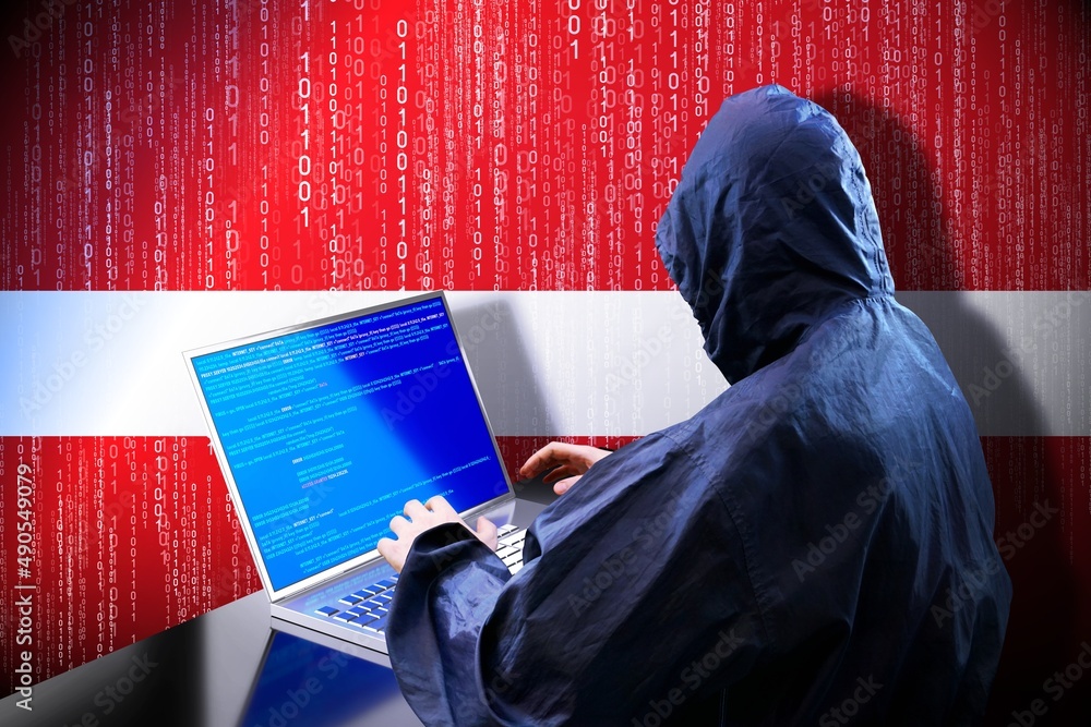 Aufkleber anonymous hooded hacker, flag of latvia, binary code - cyber attack concept