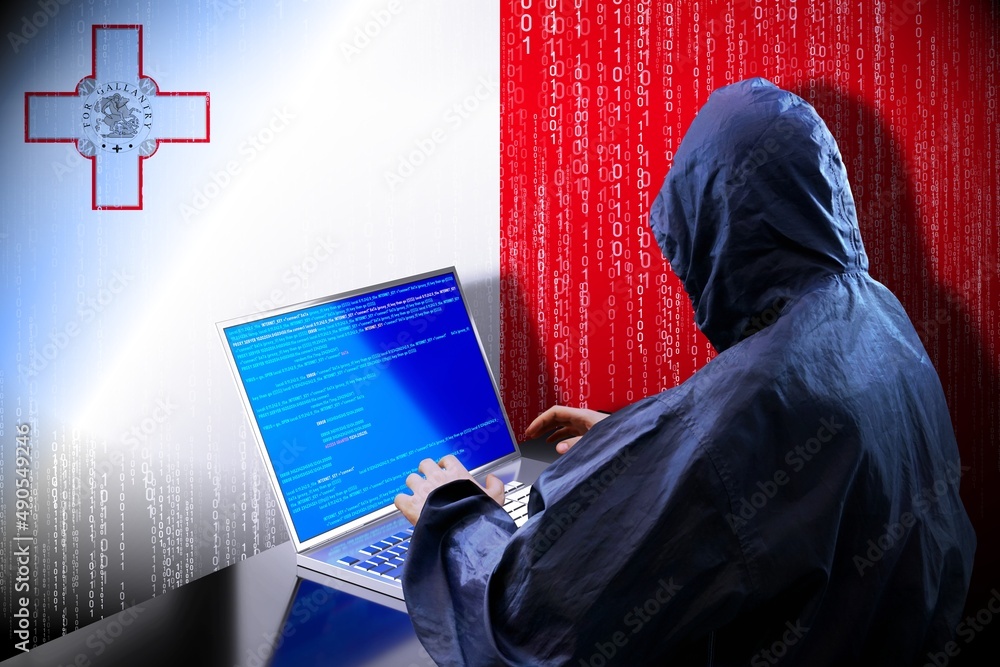 Poster anonymous hooded hacker, flag of malta, binary code - cyber attack concept