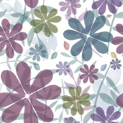 Seamless watercolor floral pattern - symmetric leaves composition on white background, perfect for wrappers, wallpapers, postcards, greeting cards, wedding invitations, romantic events.