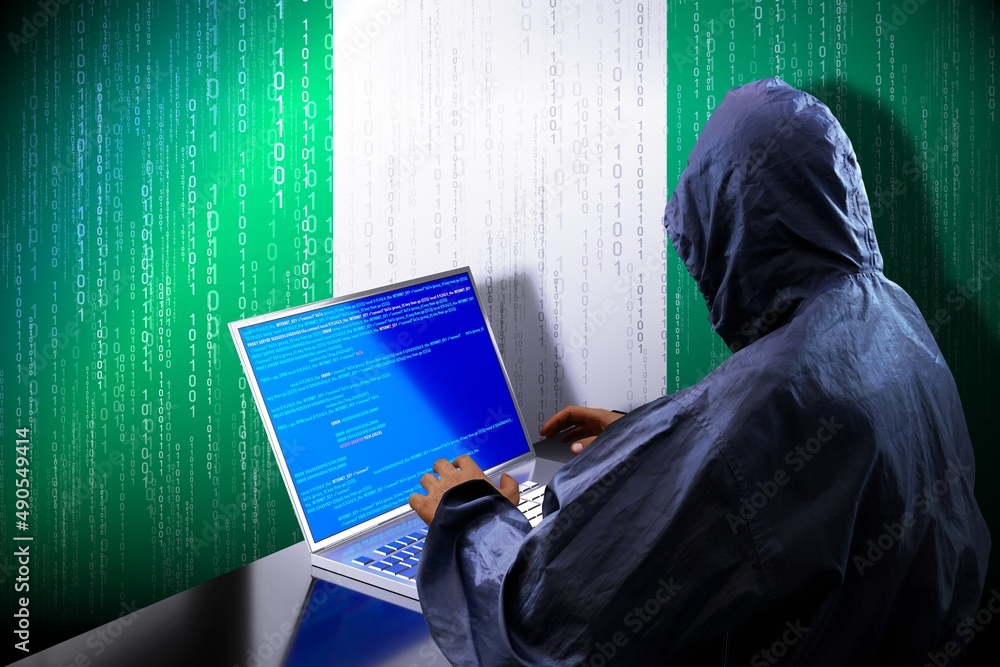 Poster anonymous hooded hacker, flag of nigeria, binary code - cyber attack concept