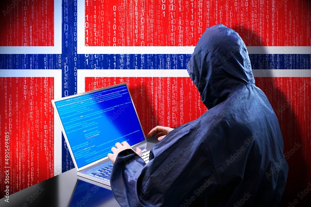 Poster anonymous hooded hacker, flag of norway, binary code - cyber attack concept