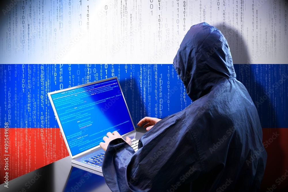 Poster anonymous hooded hacker, flag of russia, binary code - cyber attack concept