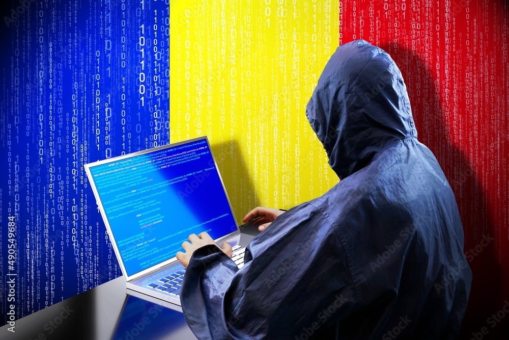 Poster anonymous hooded hacker, flag of romania, binary code - cyber attack concept