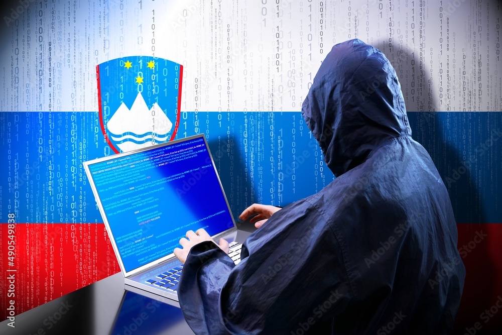 Poster anonymous hooded hacker, flag of slovenia, binary code - cyber attack concept
