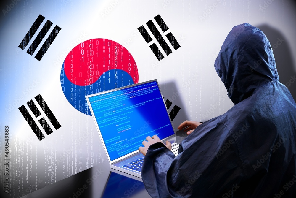 Poster anonymous hooded hacker, flag of south korea, binary code - cyber attack concept