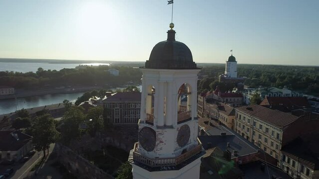 Aerial view of a medieval clock tower in heart of Vyborg old town. Panoramic cityscape