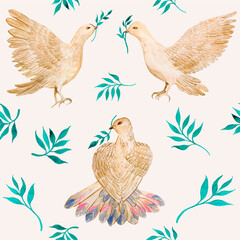 Watercolor pigeons, seamless patterns. Aquarelle art.
