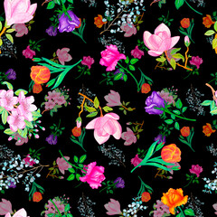 Botanical pattern of flowers and branches. Watercolor illustration. 