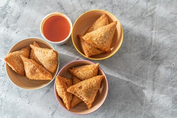 Deep fried Meat and Vegetable Samosa snacks ready to eat.