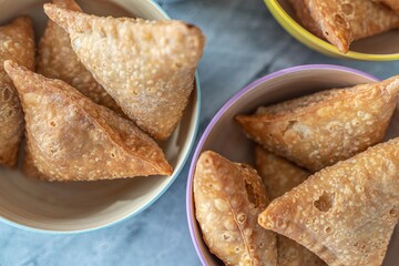Deep fried Meat and Vegetable Samosa snacks ready to eat.