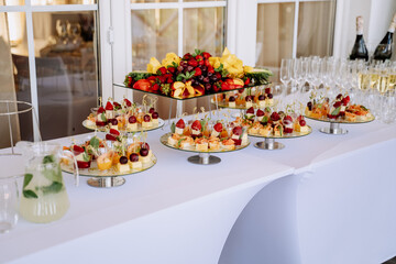 Wedding Buffet Table with Tasty Food and Drinks. Vitamin Juicy Fruits and Berries, Canape with Fish...