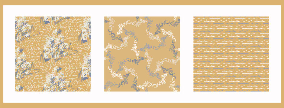 French Yellow Linen Seamless Pattern Set. Tonal Farmhouse Cottage Style Background. Simple Vintage Rustic Fabric Textile Effect. Primitive Modern Shabby Chic Kitchen Cloth Design Group. 