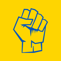 Fist - fight and resistance symbol in ukrainian flag colors. Support for Ukraine.