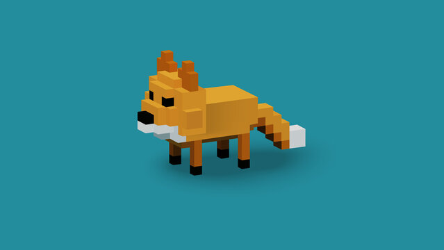 Vector Graphic of 3D rendering fox animal using voxel style and isolated in blue background. Also using orange, black and white color scheme. Perfect for gaming character references