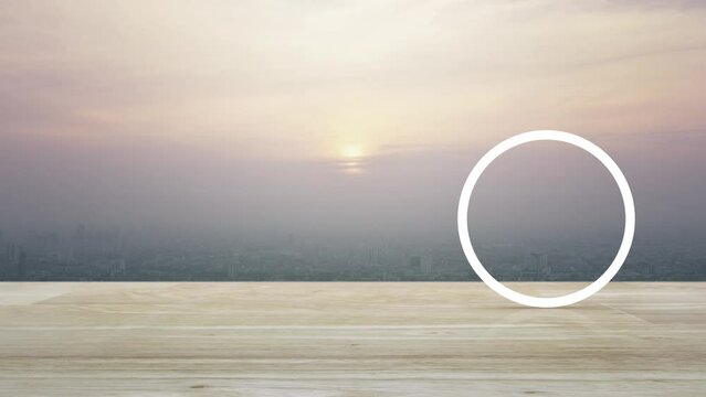 cctv camera flat icon on wooden table over aerial view of cityscape at sunset, vintage style, Business security and safety online concept